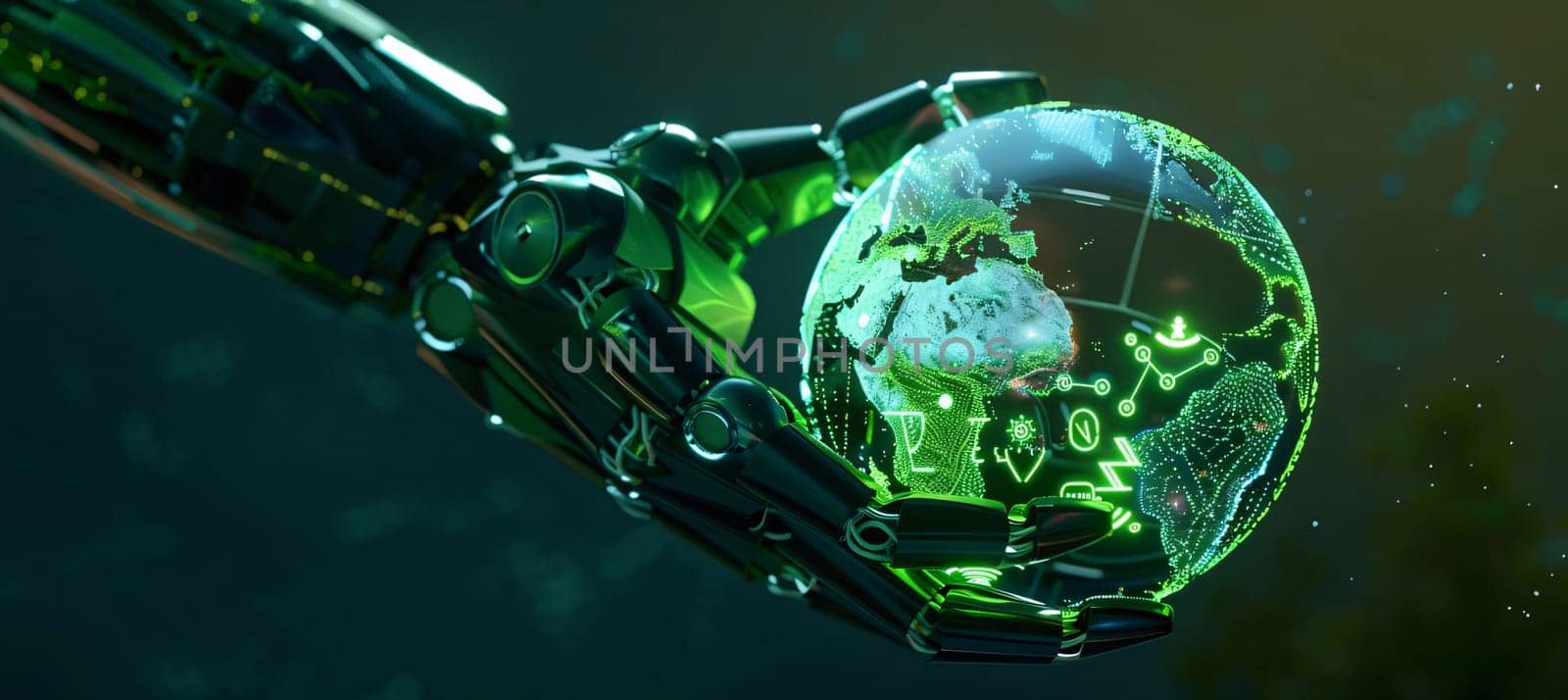 Earth Day: Cyborg hand holding planet earth. Artificial intelligence concept. 3D rendering