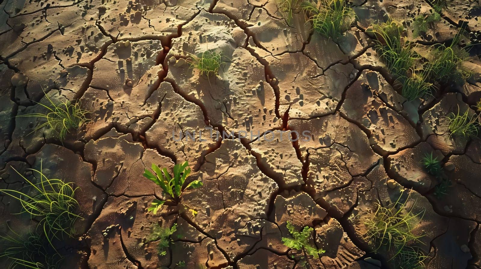 Earth Day: Dry cracked earth with green grass, 3d render illustration.