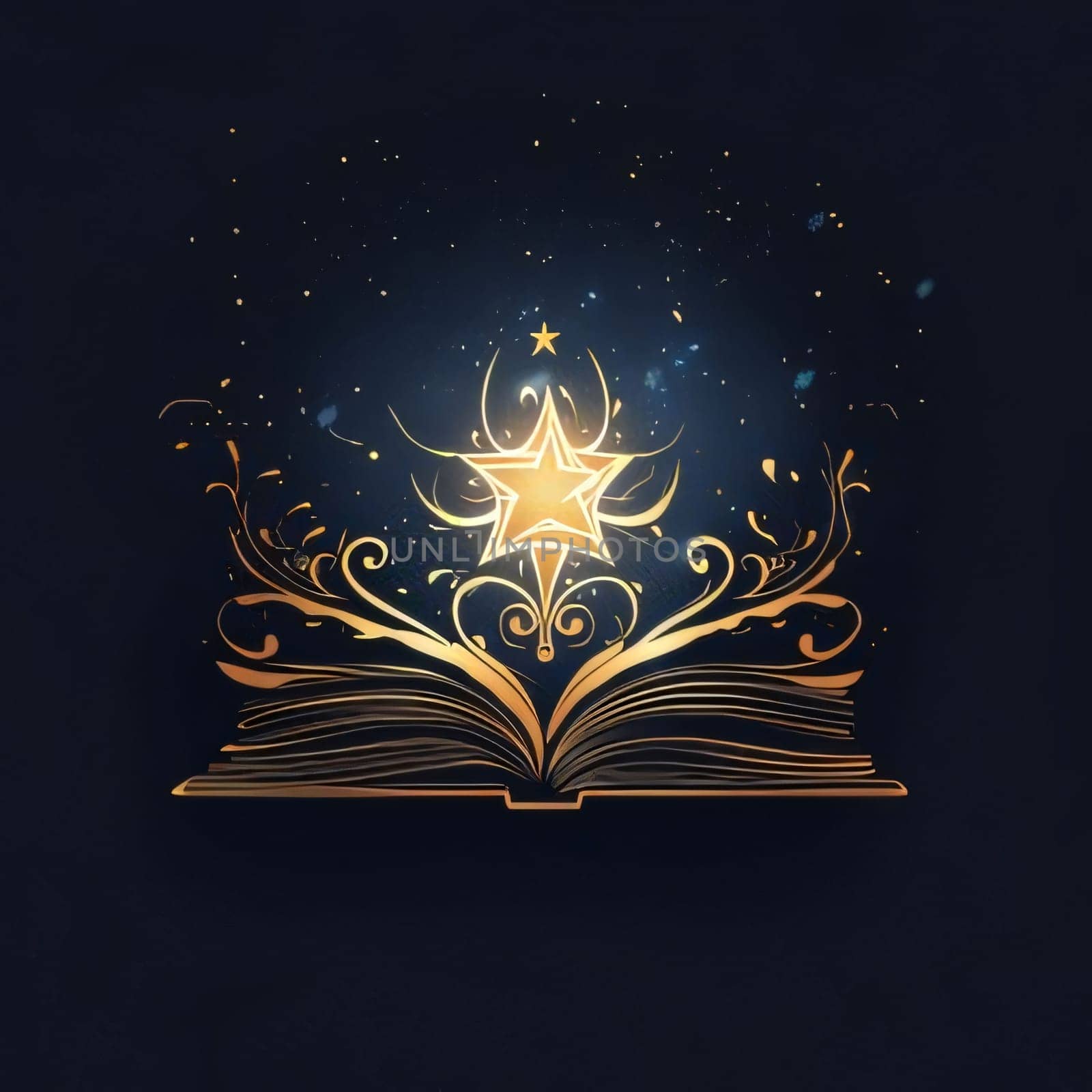 World Book Day: Magic book with golden star on black background. Vector Illustration.