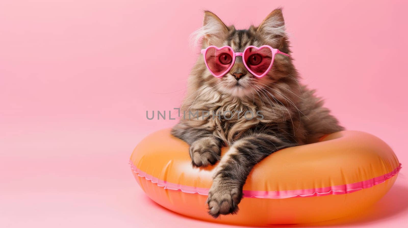 A cat wearing pink sunglasses is sitting on a pink inflatable pool.