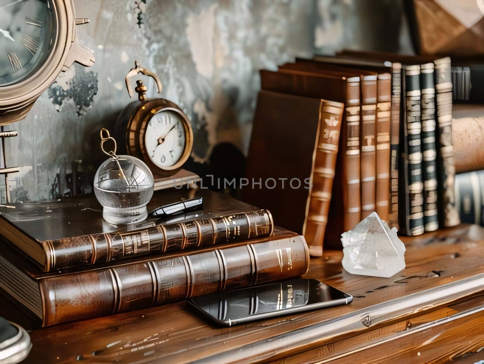 Antique books, bookshelf and a clock on the table by ThemesS