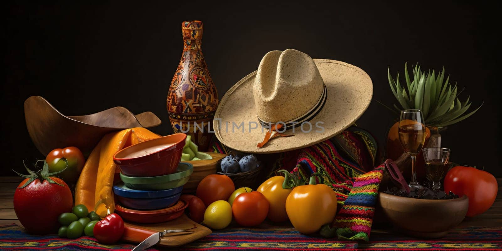 Cinco de Mayo: Mexican food on wooden table with sombrero hat and wine