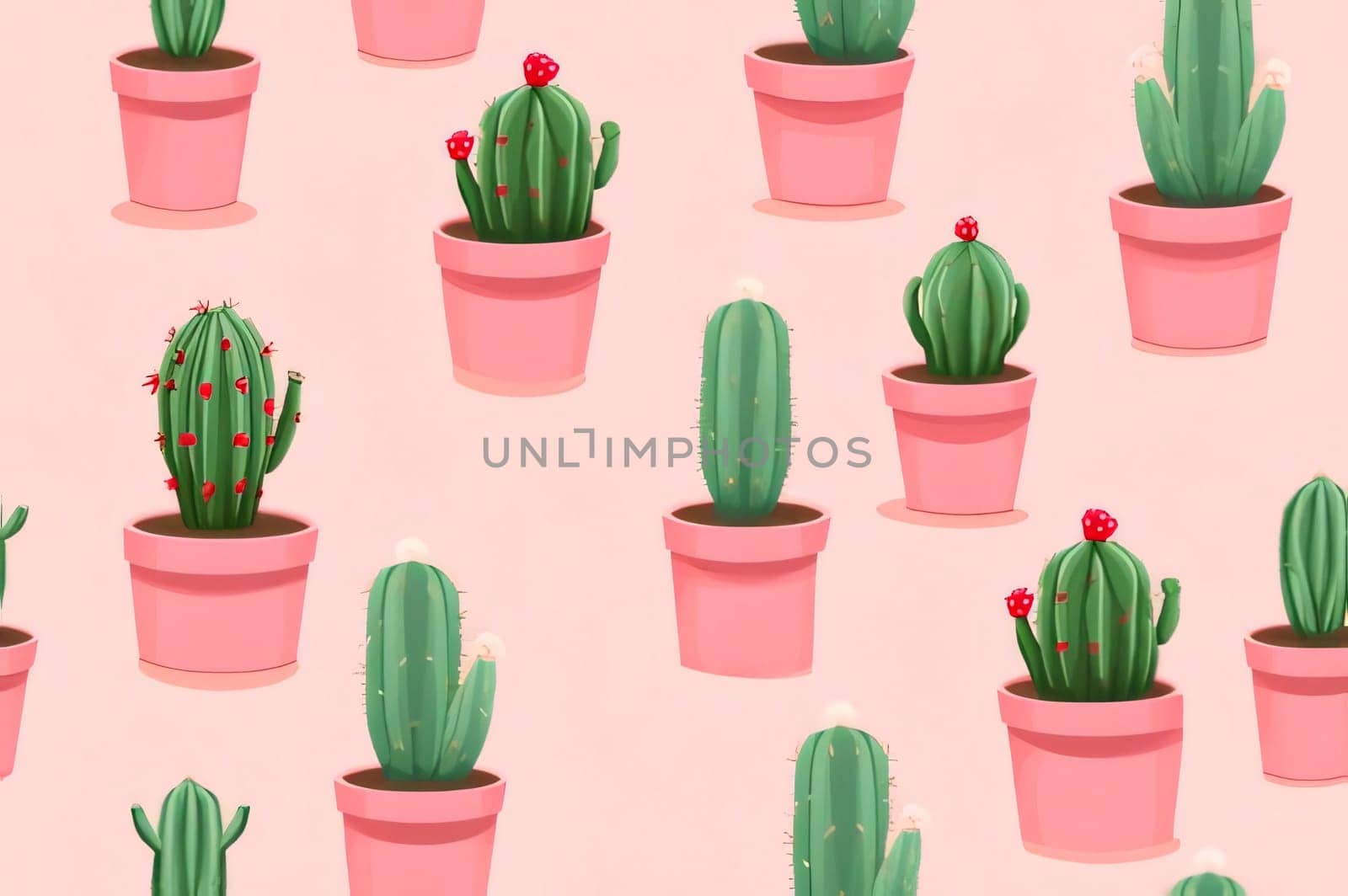 Plant called Cactus: Seamless pattern with cacti in pots on pink background