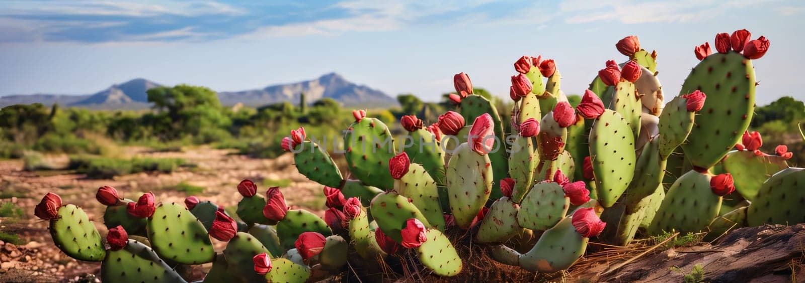 Plant called Cactus: Opuntia cactus with red flowers in the Arizona desert.