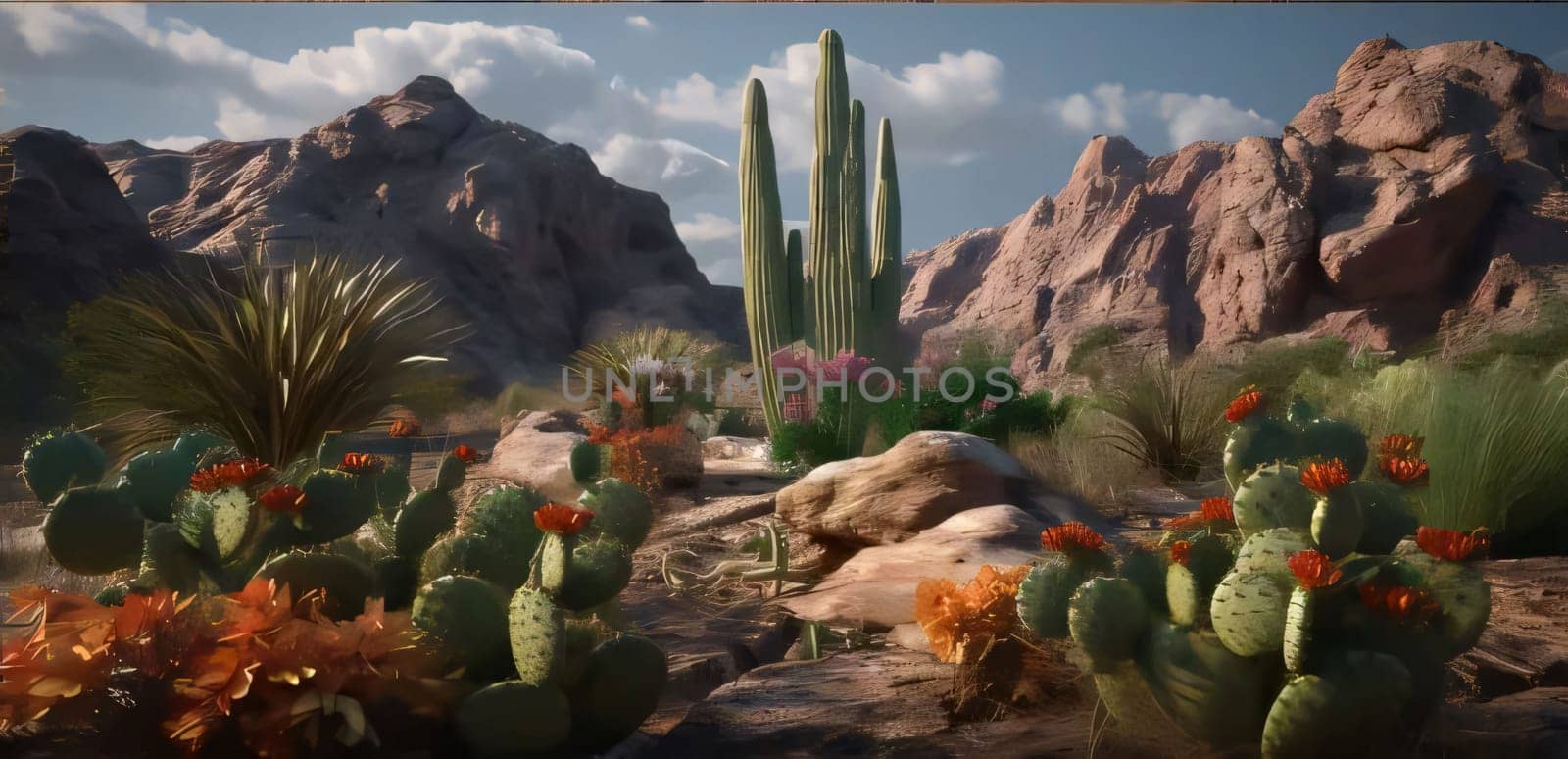 Plant called Cactus: cacti and cacti in the desert. 3d render