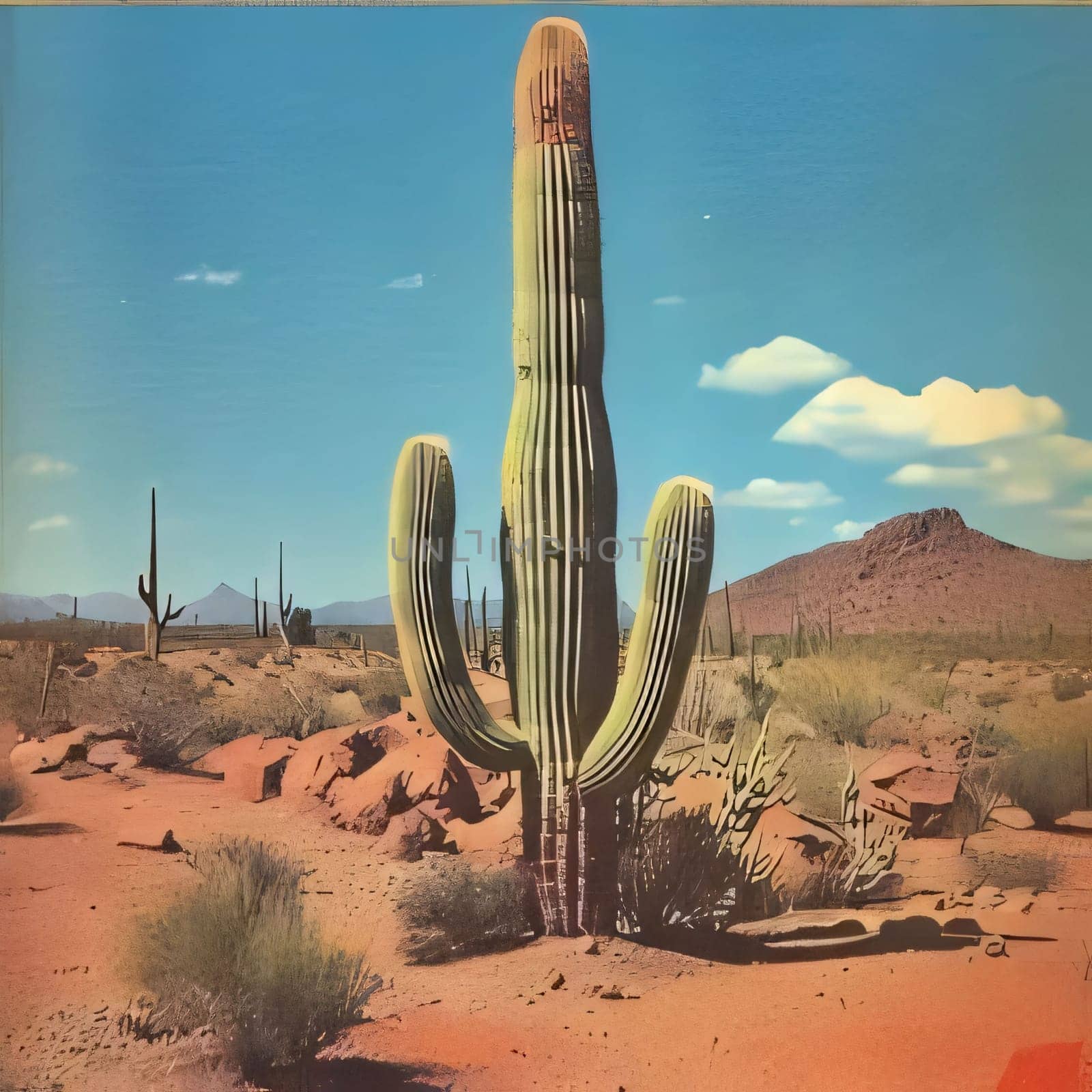 Plant called Cactus: Saguaro cactus in the desert. Vintage painting.