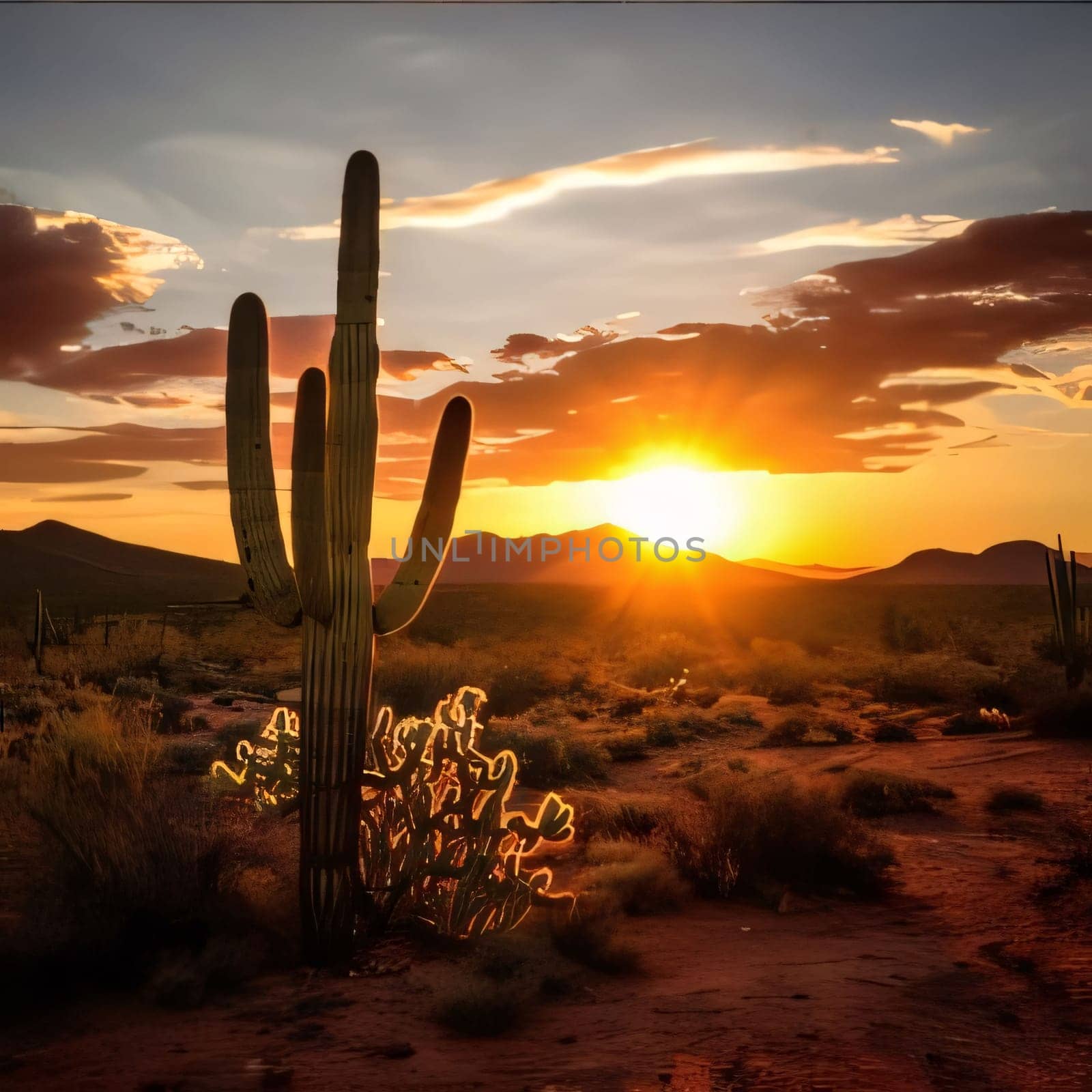 Plant called Cactus: Cactus against the background of the setting sun in the desert.