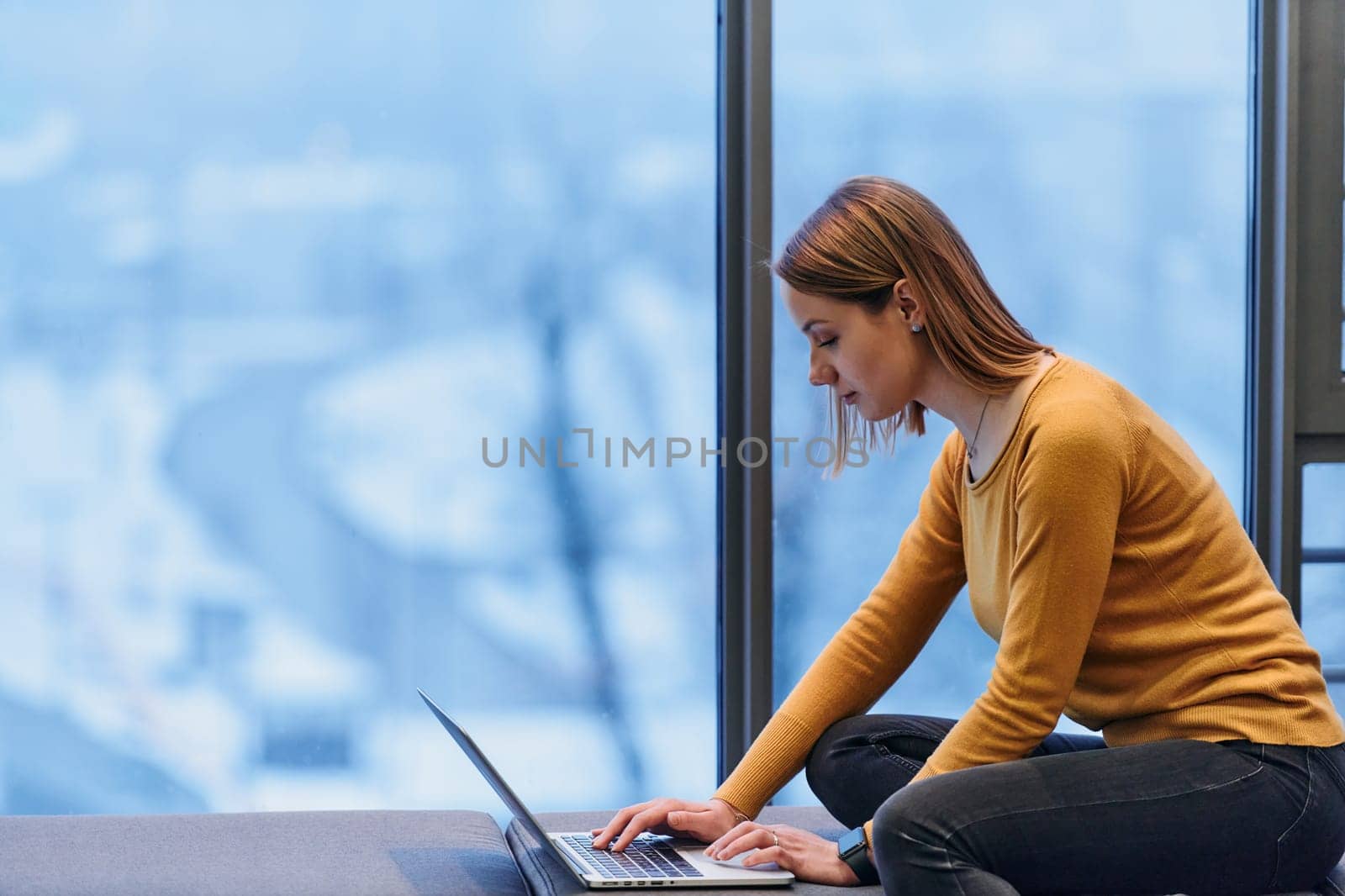 A businesswoman utilizes her laptop while seated by the window of a large corporate building, offering a picturesque view of the city skyline as her backdrop. by dotshock
