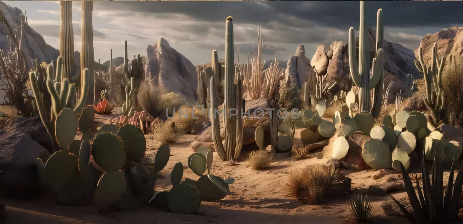 Beautiful desert landscape with cacti and mountains. 3d rendering by ThemesS