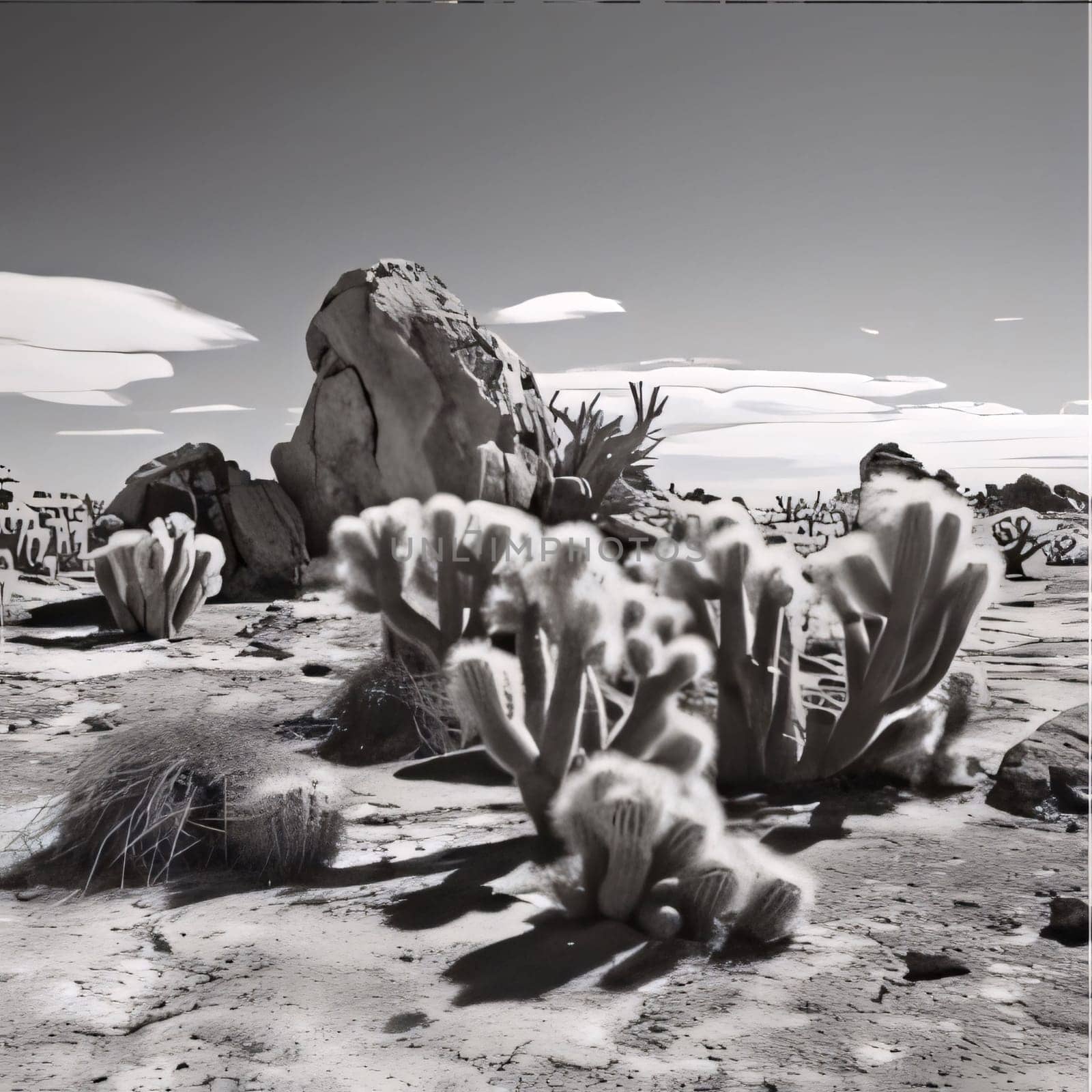 Plant called Cactus: Cactus against the background of the desert and high rocks and mountains. Black and white.