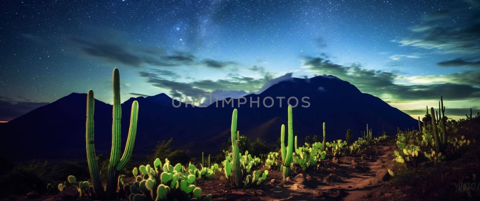Plant called Cactus: cacti and mountains at night. Panoramic view.