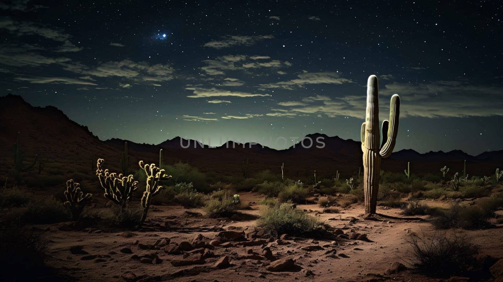 Plant called Cactus: cacti in the desert at night with starry sky.