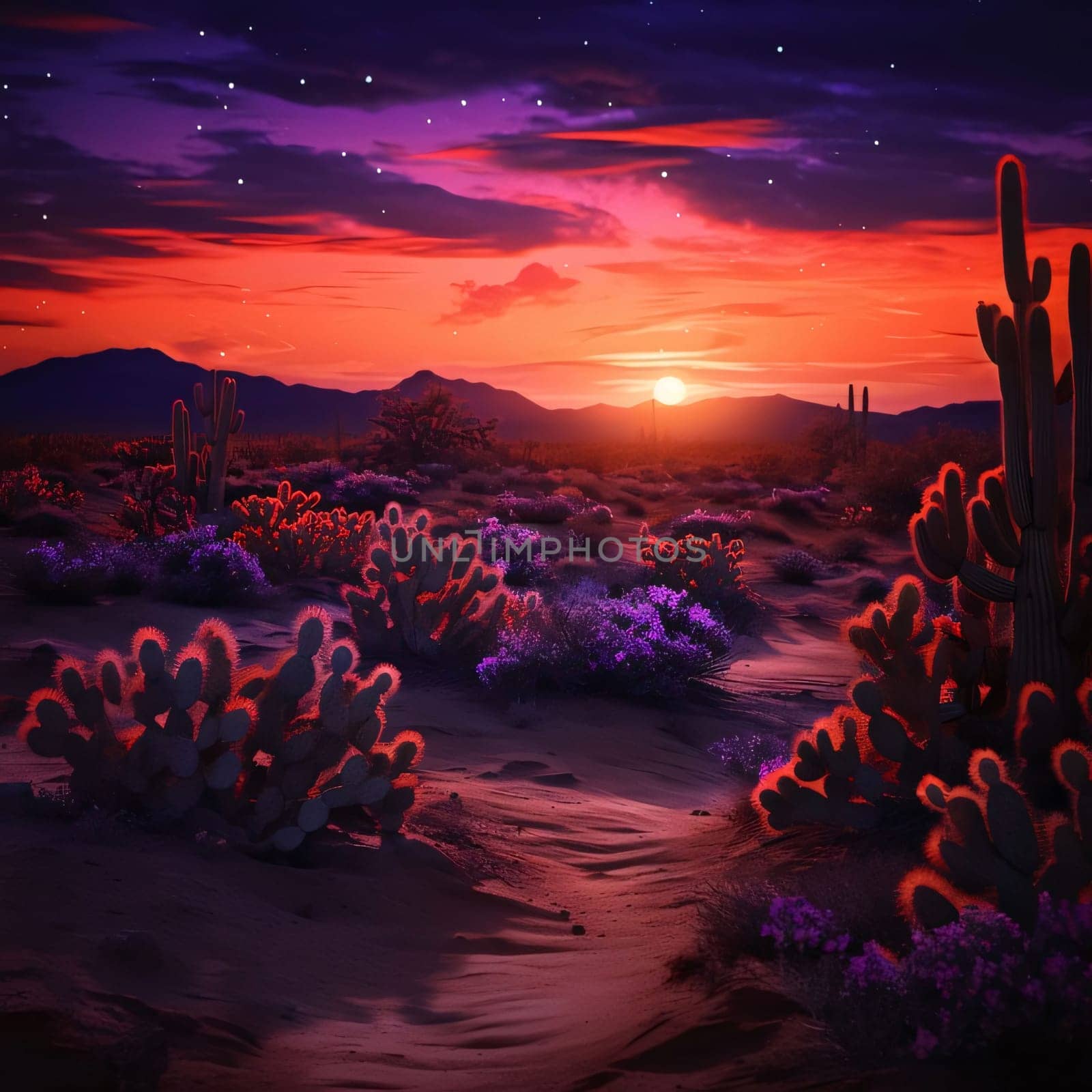 Plant called Cactus: cacti in the desert at sunset. 3D illustration.