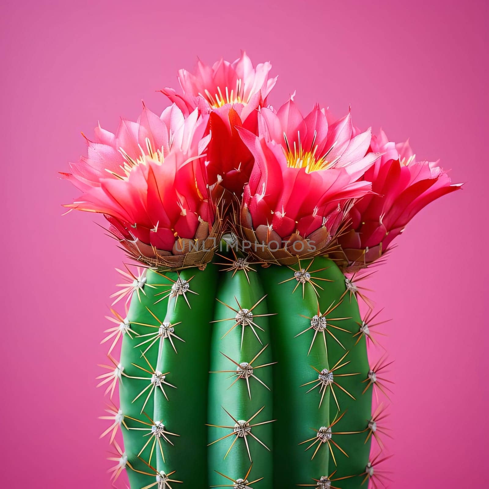 Plant called Cactus: Beautiful cactus with pink flowers on pink background, close up