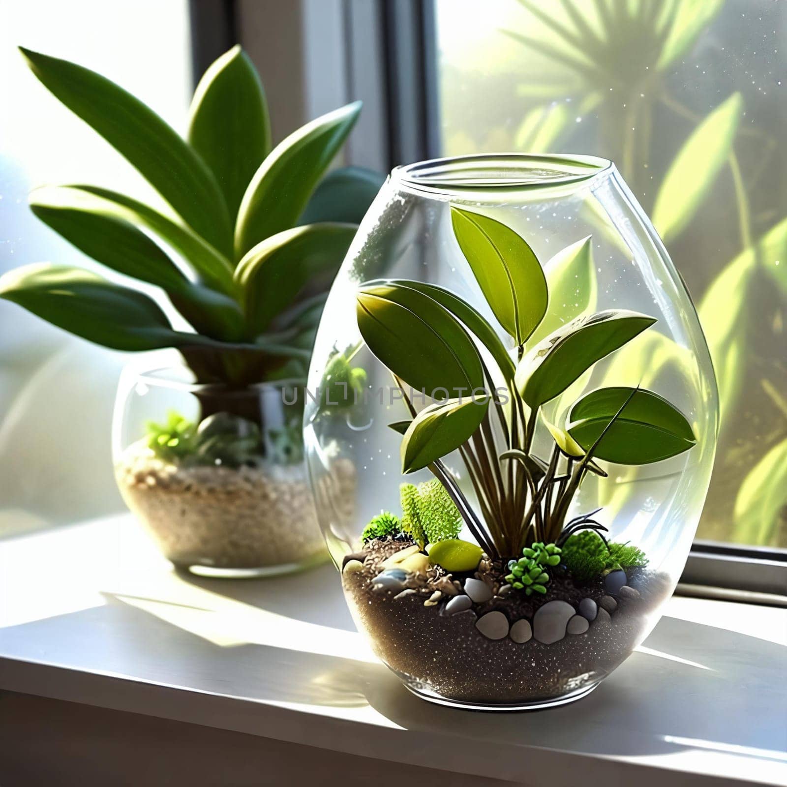 Minimalist terrarium sitting on a sunlit windowsill, showcasing the play of light and shadows on the tiny plants and pebbles.