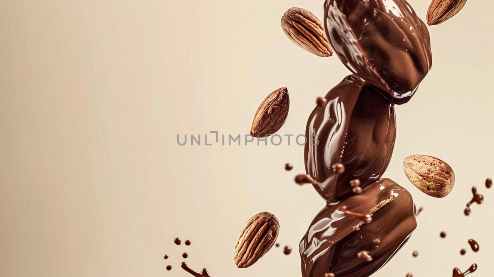 Nuts and chocolate splash, food dessert and confectionery industry