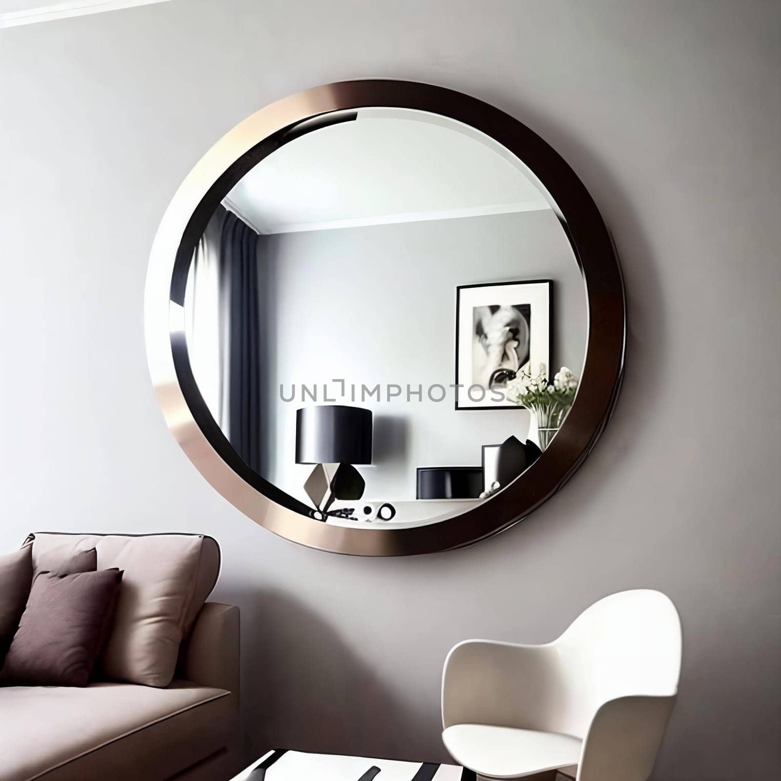 Close-up shot of a stylish round wall mirror reflecting a modern living room decor. Clean lines and contemporary aesthetic to showcase the versatility and sophistication of the interior design