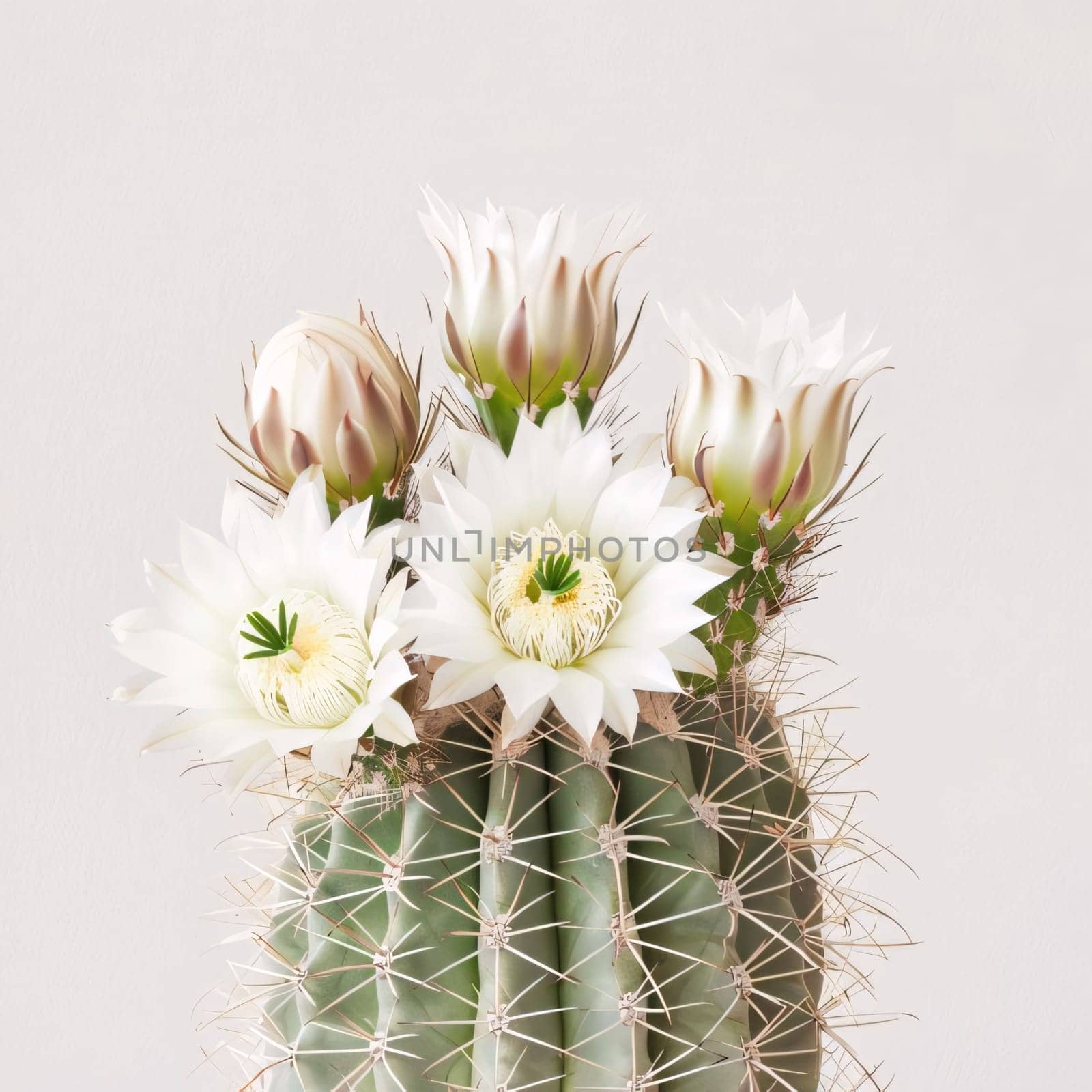 Plant called Cactus: Beautiful cactus flowers on white wall background. Flat lay, top view.