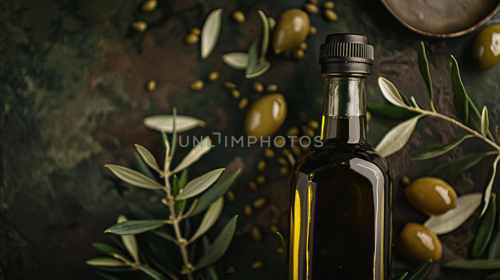 Olive oil bottle ad background with copyspace, vegetable oil commercial produce, food industry and retail concept