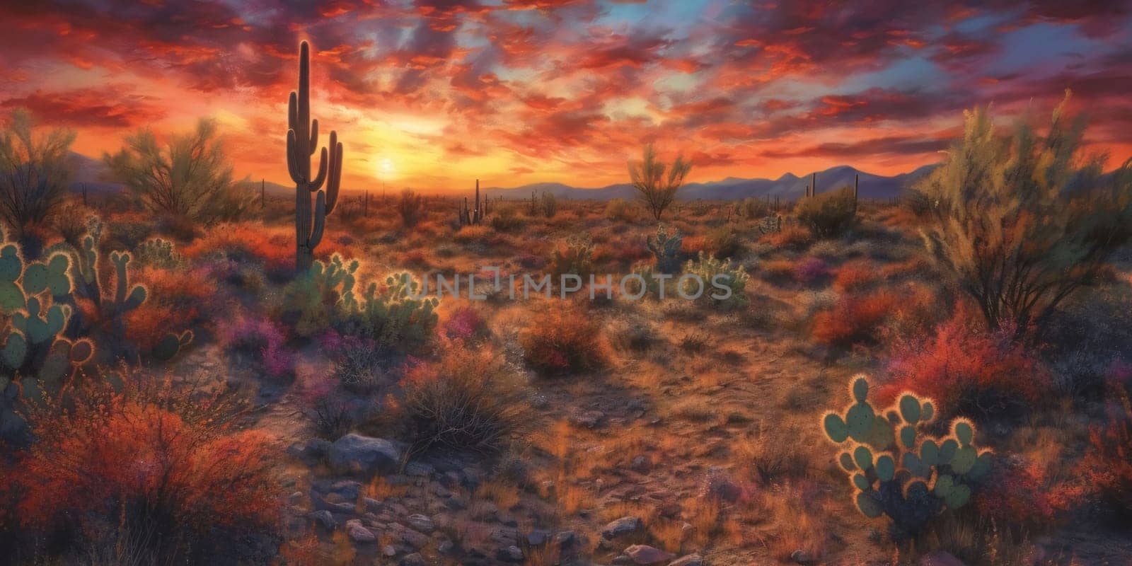 Plant called Cactus: Beautiful desert landscape with Cacti and mountains. Digital painting.