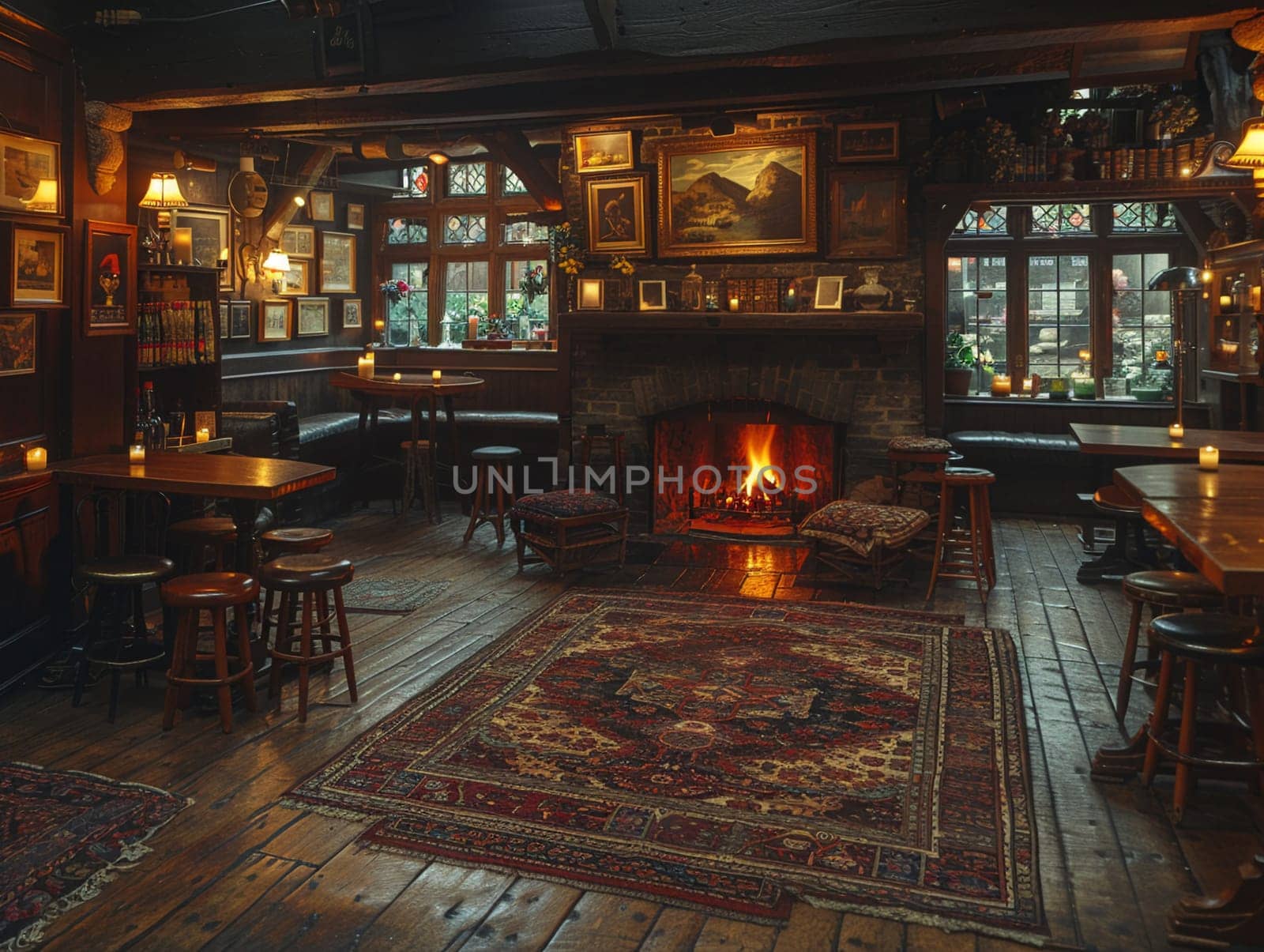 Old English pub with dark wood cozy fireplaces by Benzoix