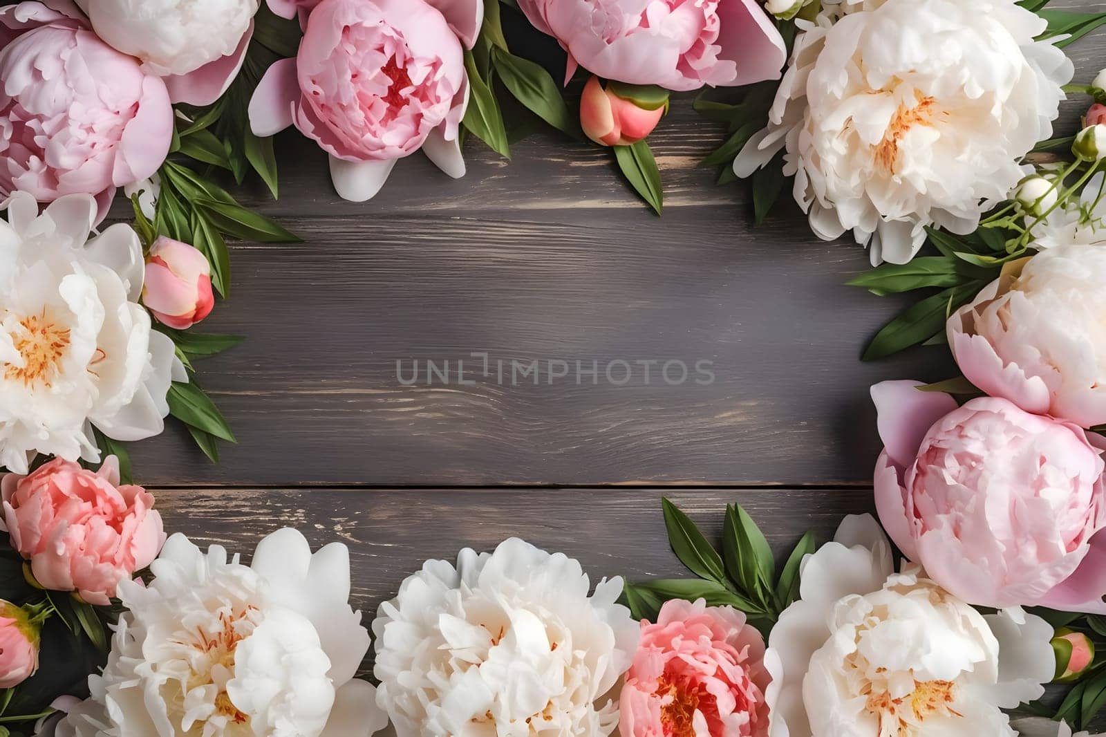 Elegant white and pink roses artfully placed on wood. Ample space for inscription or a banner, enhancing the graceful arrangement.