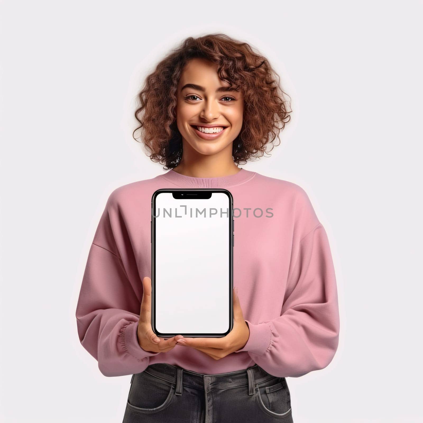 Woman holding blank smartphone with space for own content. Graphic with space for your own content.