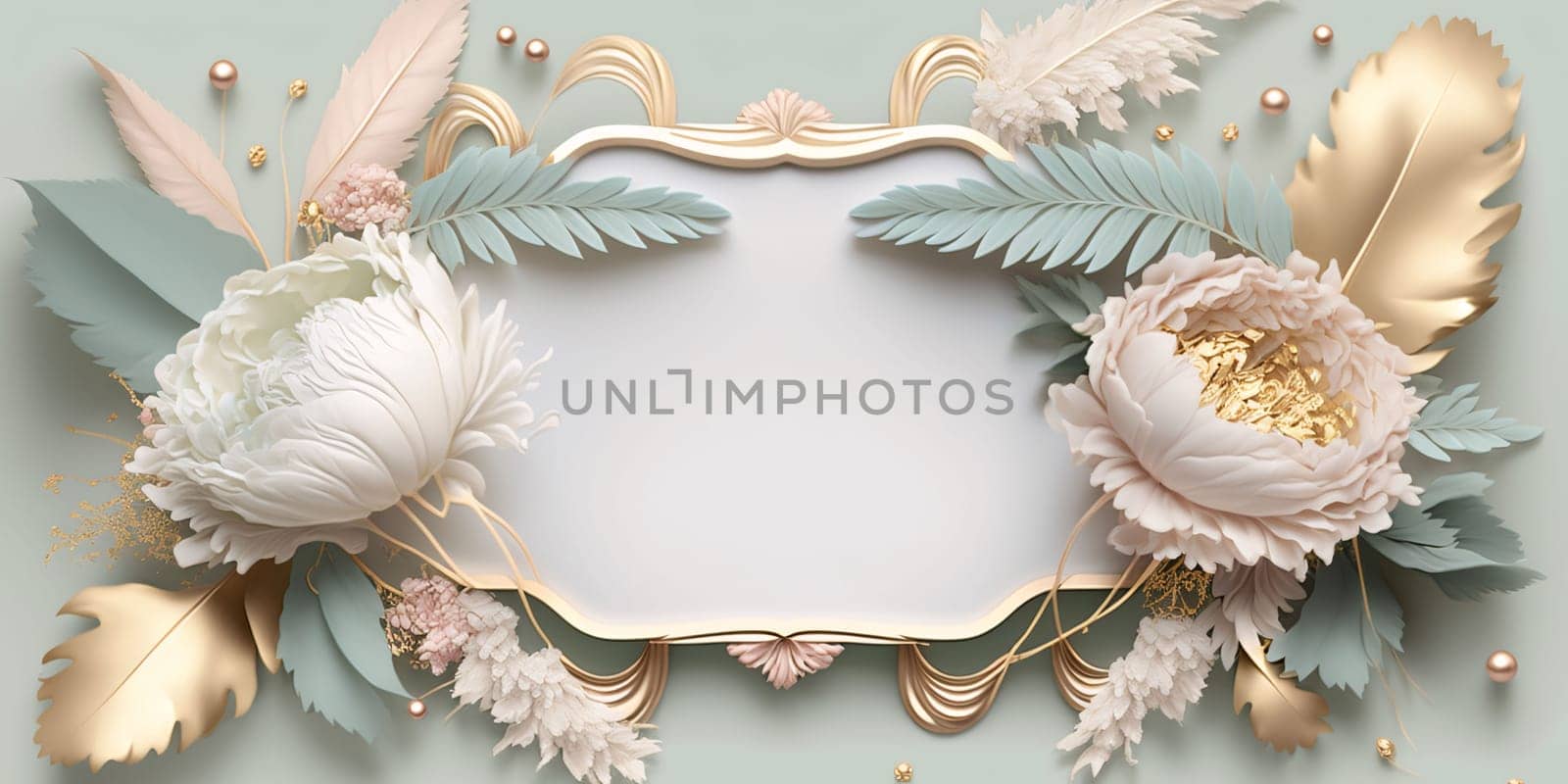 White blank card with space for your own content. All around embellishments of bright flowers and leaves. Graphic with space for your own content.