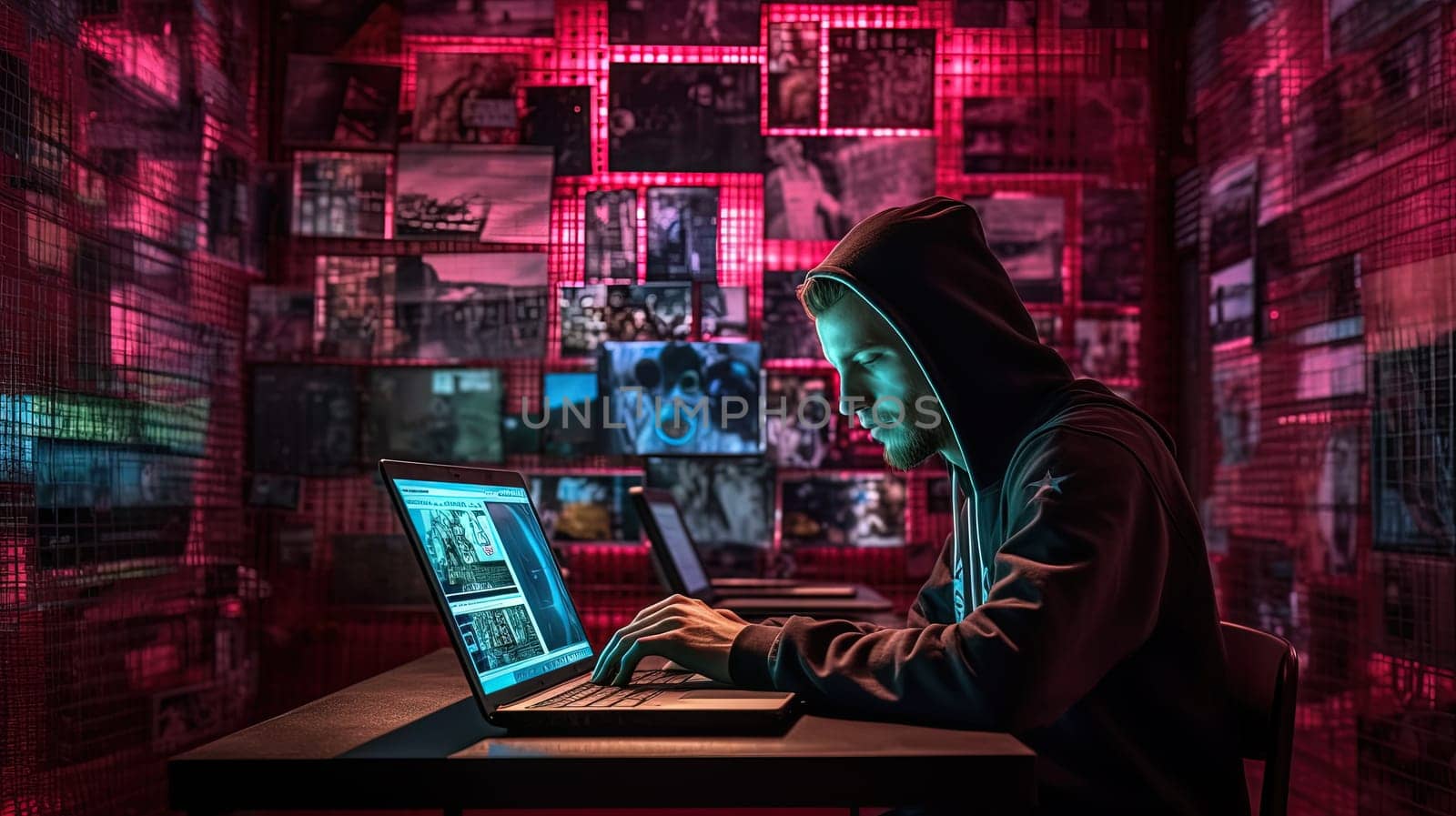 Man sitting with laptop in the secret laboratory. Hacker sending the virus. Generated AI