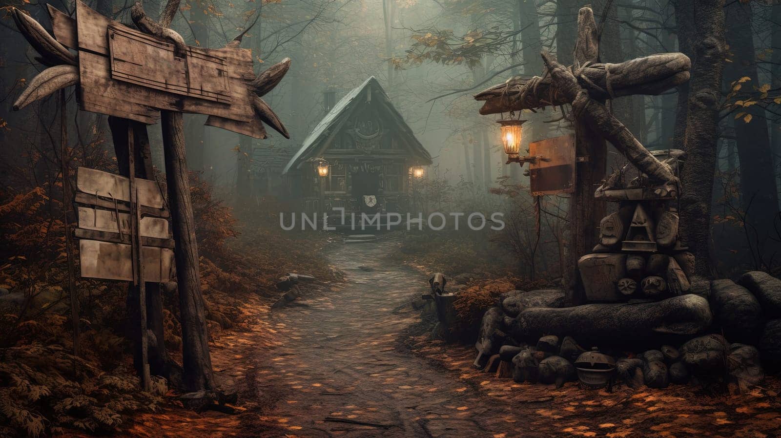 Signboard at the enty of dark fairytale village in Halloween style. Generated AI. by SwillKch