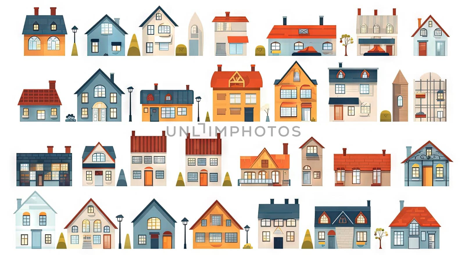 Set of cute residental houses in the neighborhood. Colorful architecture of suburb or village cottages. Generated AI. by SwillKch