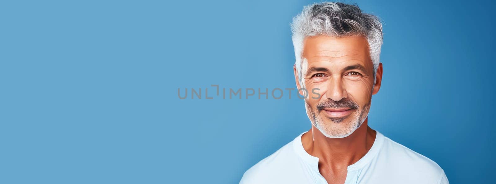 Handsome elderly elegant Latino with gray hair, on a light blue background, banner, active aging. Advertising of cosmetic products, spa treatments, shampoos and hair care products, dentistry and medicine, perfumes and cosmetology for older men.