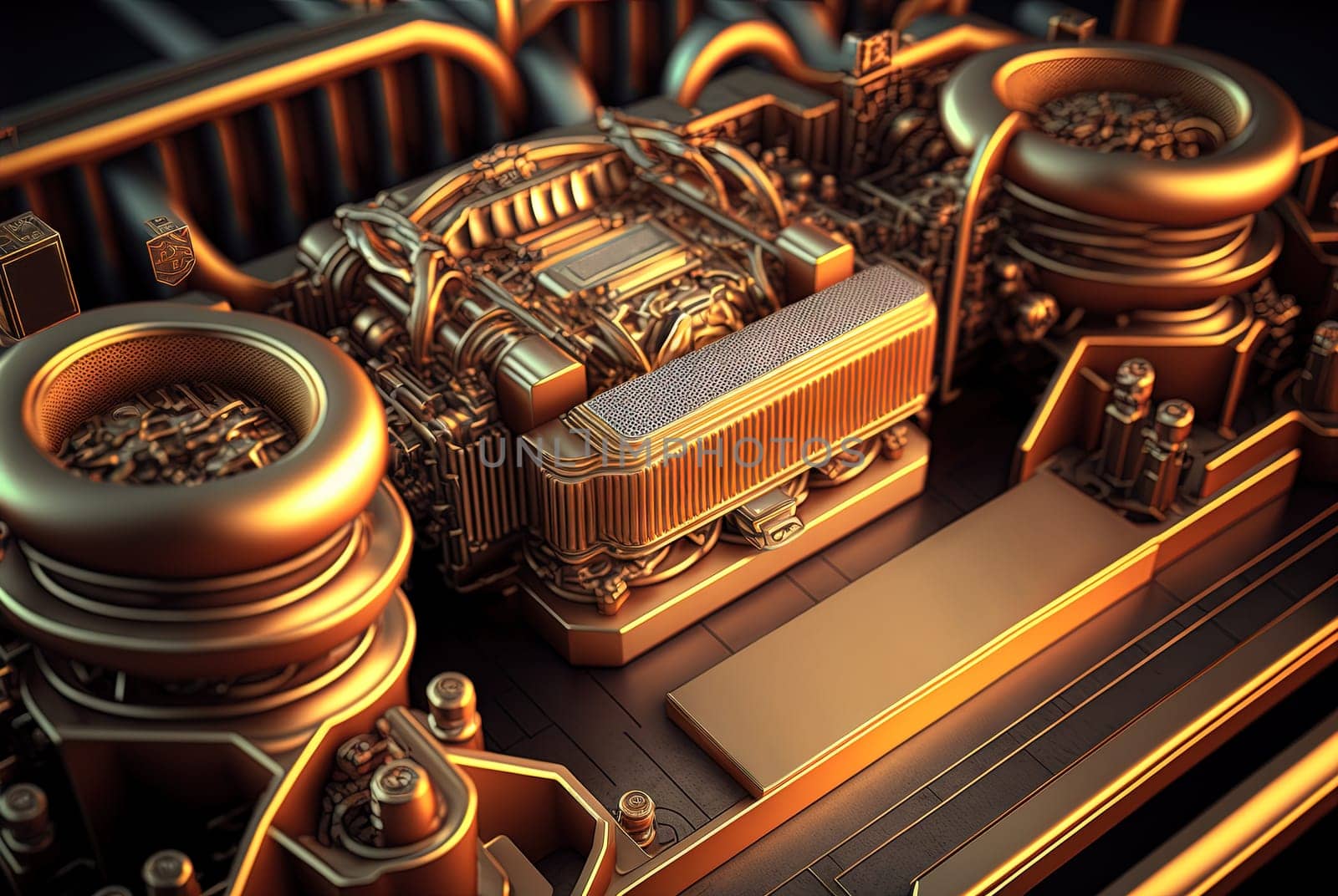 Industrial abstract background with machinery details. Shiny metal equipment concept. Generated AI. by SwillKch