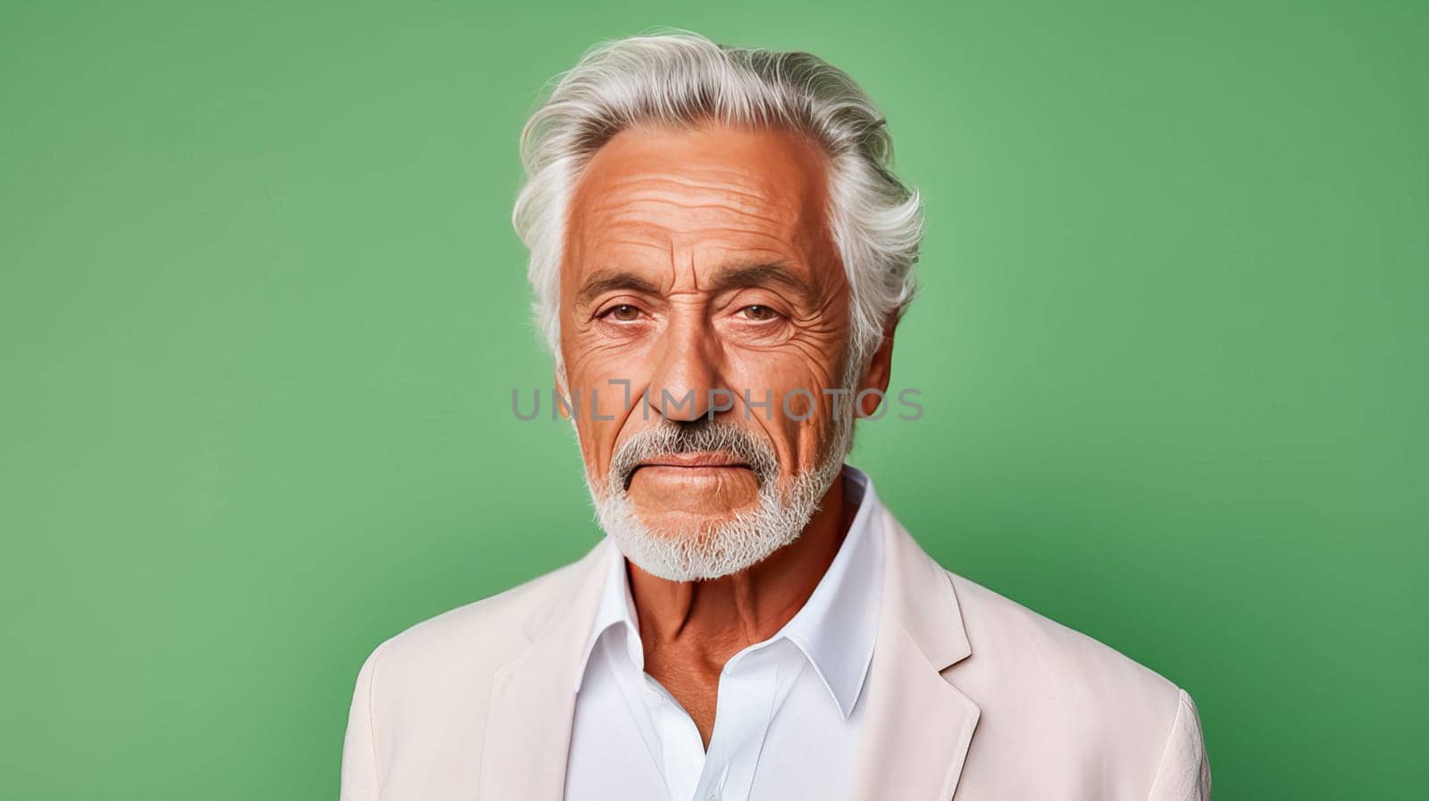 Handsome elderly elegant Latino with gray hair, on a light green background, banner, active aging. by Alla_Yurtayeva