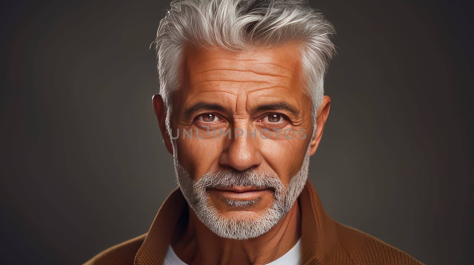 Handsome elderly elegant latino with gray hair, on creamy beige background, banner, active aging. by Alla_Yurtayeva