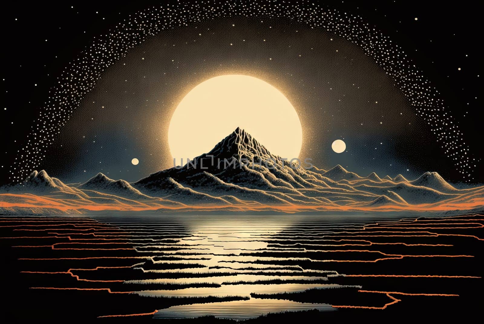 Retro styled sci-fi landscape with mountains. Retro futuristic science fiction illustration in drawing style with alien sun. Generated AI. by SwillKch