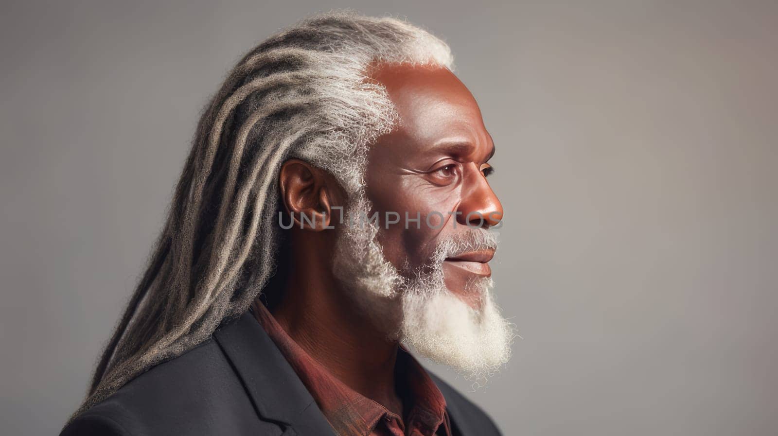 Handsome elderly black African American man with long dreadlocked hair, on a gray background, banner. Advertising of cosmetic products, spa treatments, shampoos and hair care products, dentistry and medicine, perfumes and cosmetology for senior men.