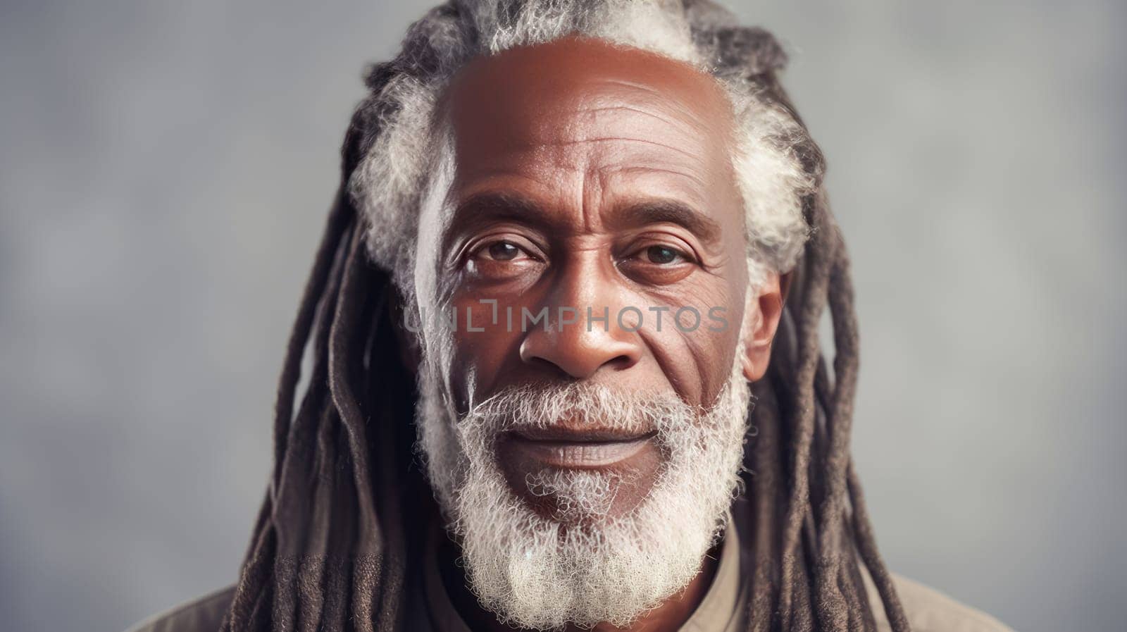 Handsome elderly black African American man with long dreadlocked hair, on a gray background, banner. by Alla_Yurtayeva