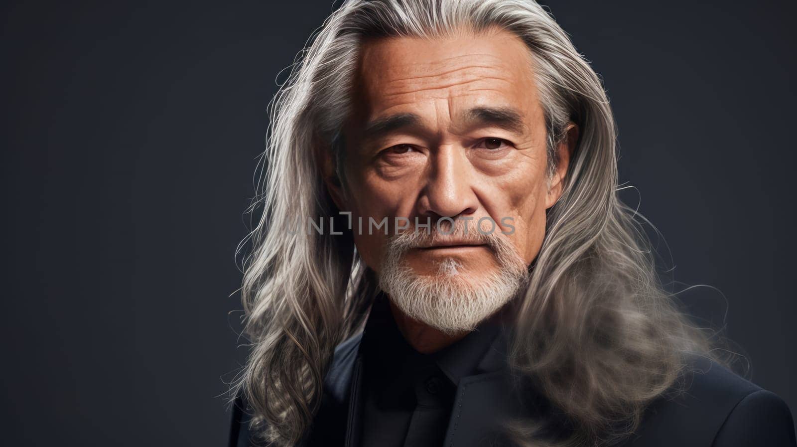 Handsome elderly Latino with long gray hair, on a gray background, banner. by Alla_Yurtayeva