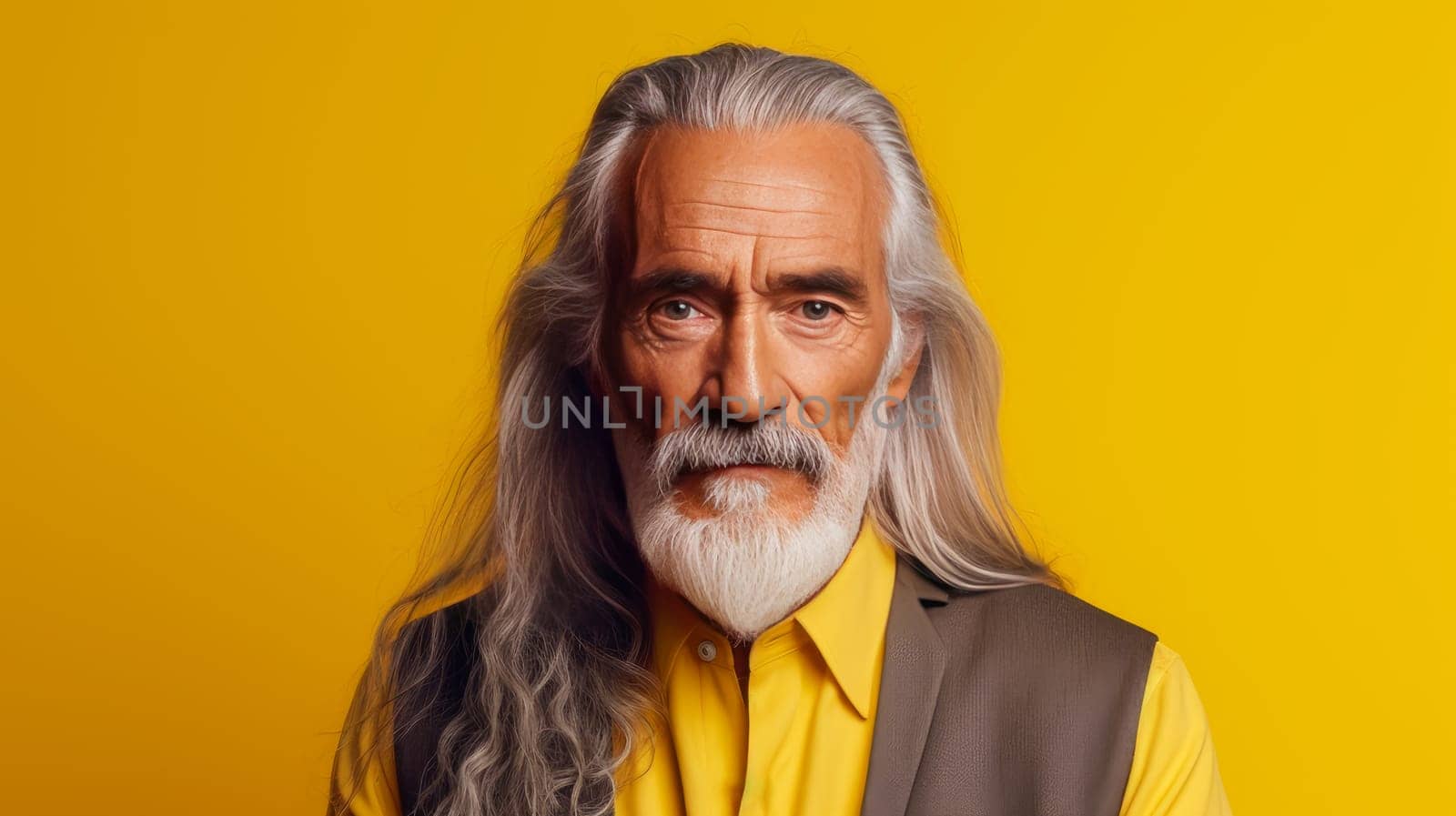 Handsome elderly Latino with long gray hair, on a yellow background, banner. Advertising of cosmetic products, spa treatments, shampoos and hair care products, dentistry and medicine, perfumes and cosmetology for older men.
