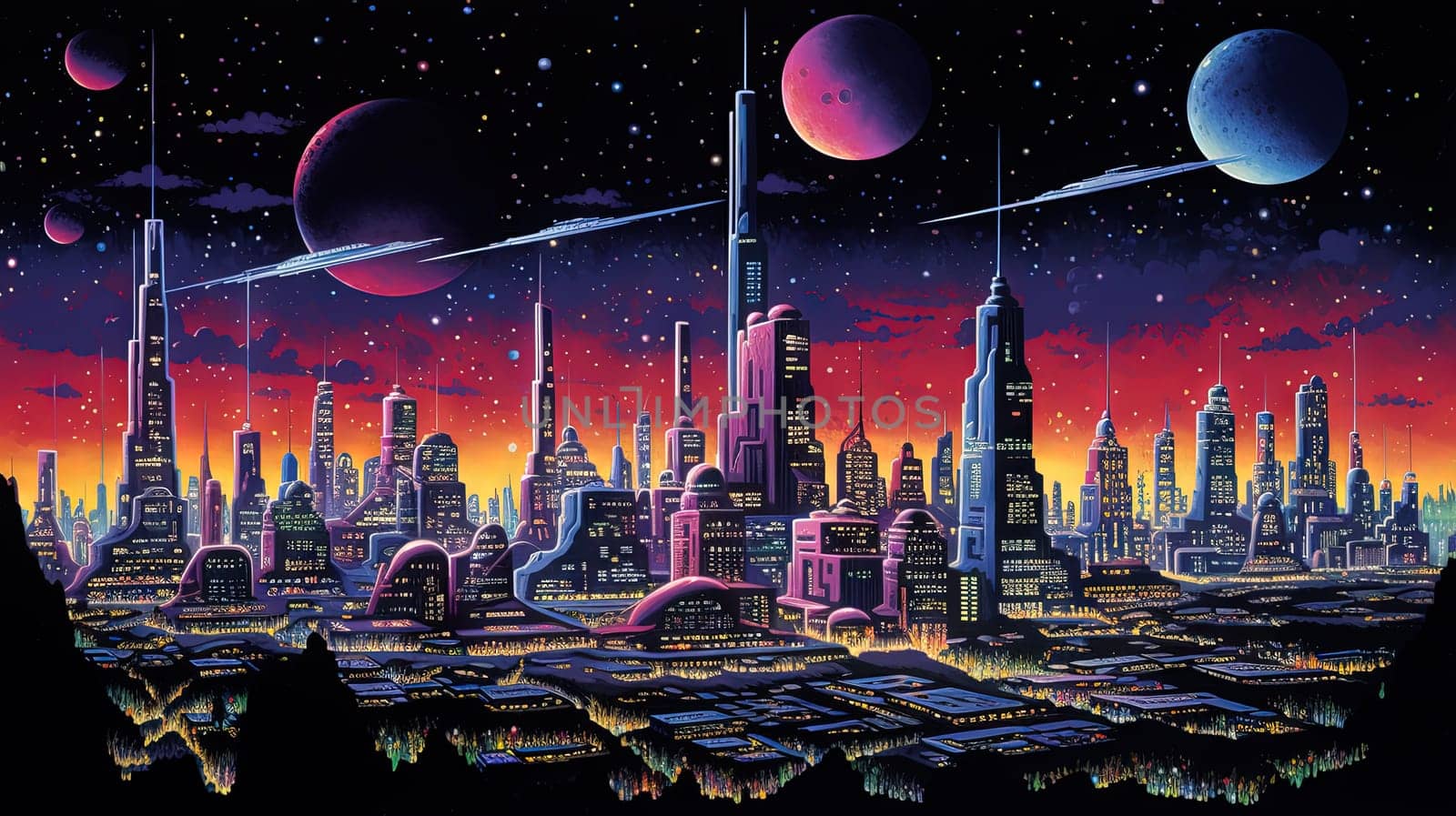 Retro futuristic city in the old school sci-fi art scene. Retro space landscape with city. Generated AI