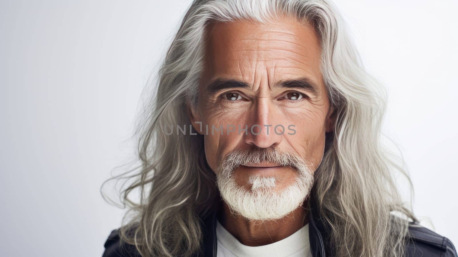 Handsome elderly Latino with long gray hair, on a white background, banner. Advertising of cosmetic products, spa treatments, shampoos and hair care products, dentistry and medicine, perfumes and cosmetology for older men.