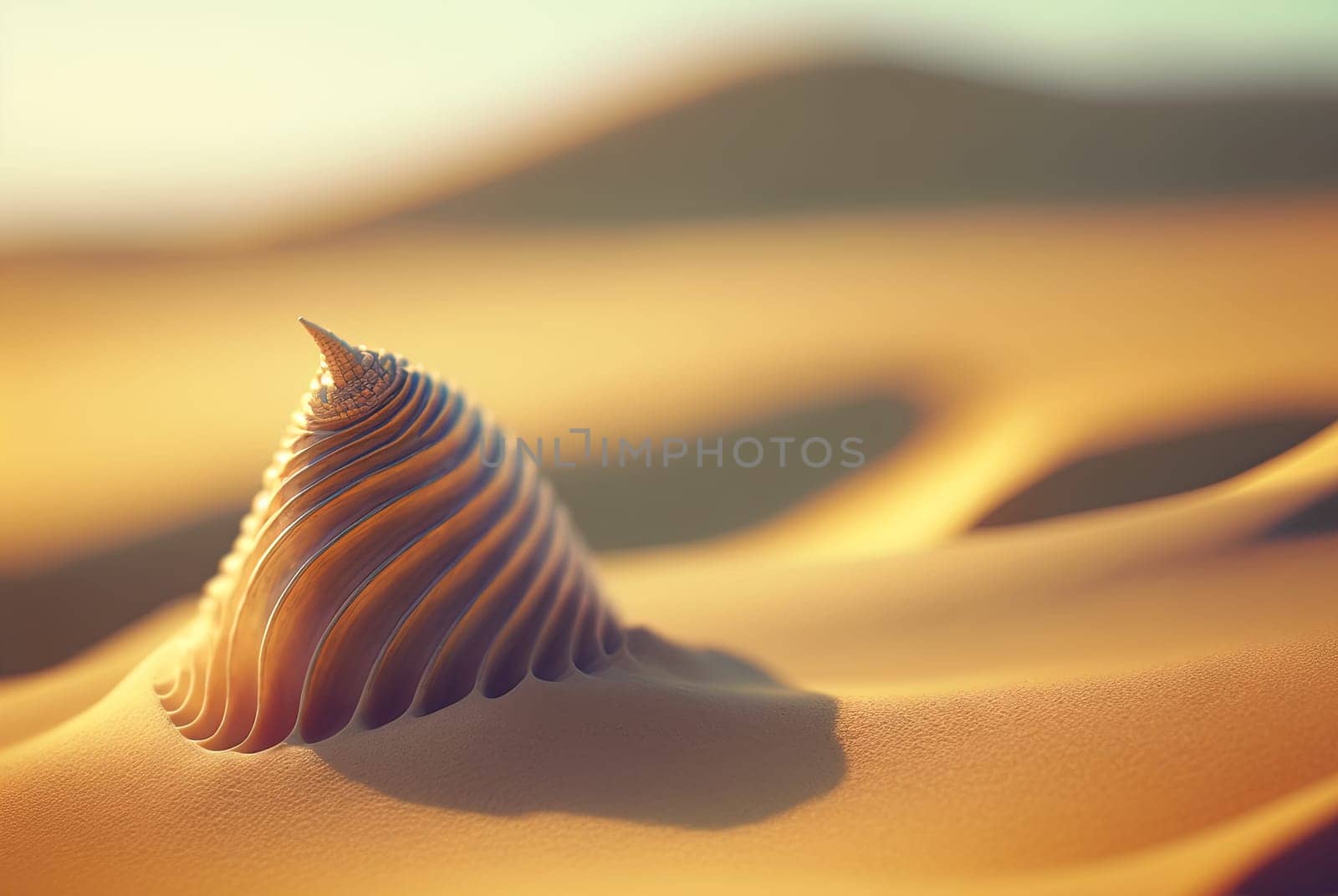 Surreal shell on the beach. Abstract clam with filigree shape on the sand. Generated AI. by SwillKch