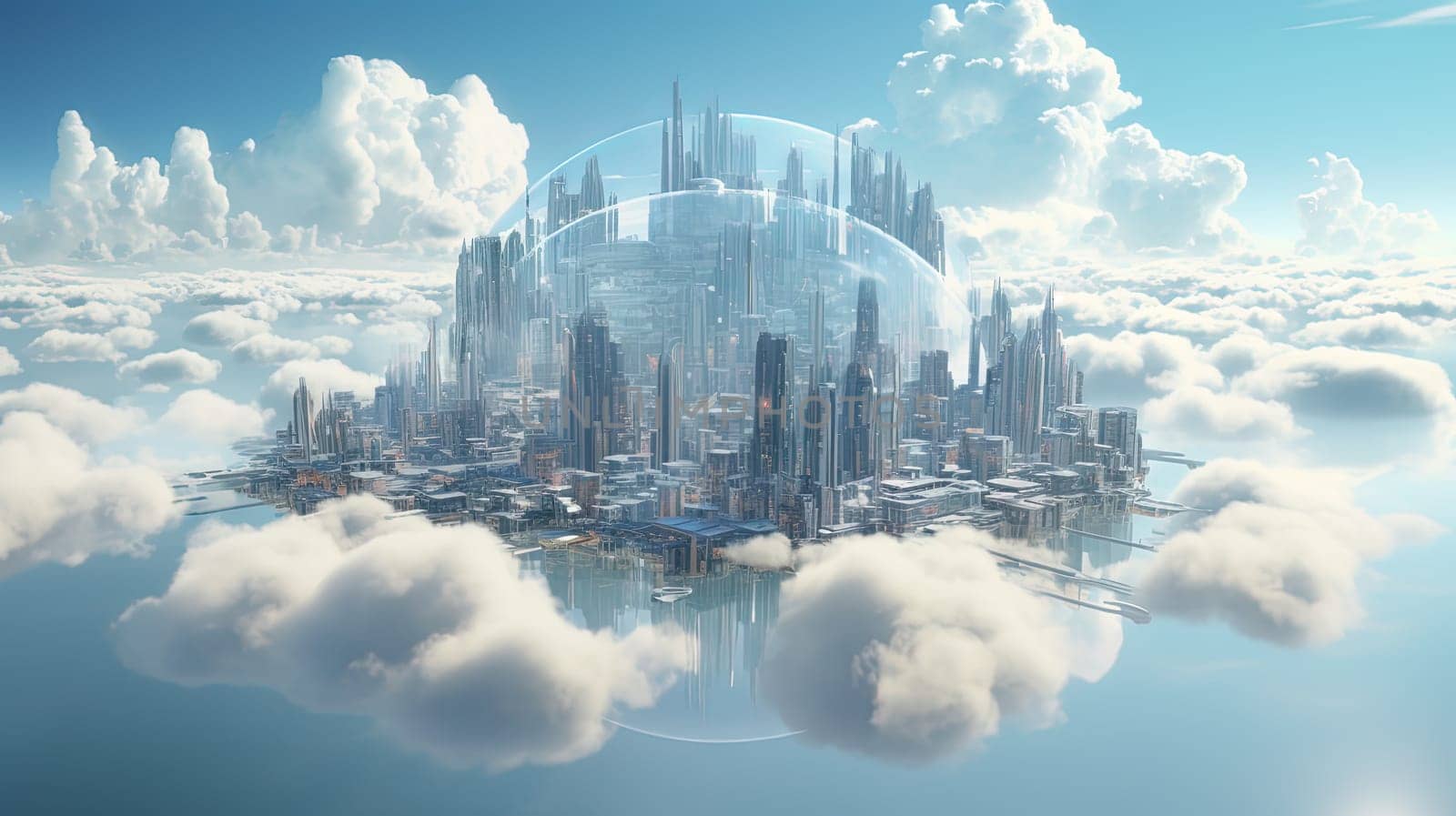 Concept of a digital city with cloud connections. Futuristic network in the clouds. Generated AI