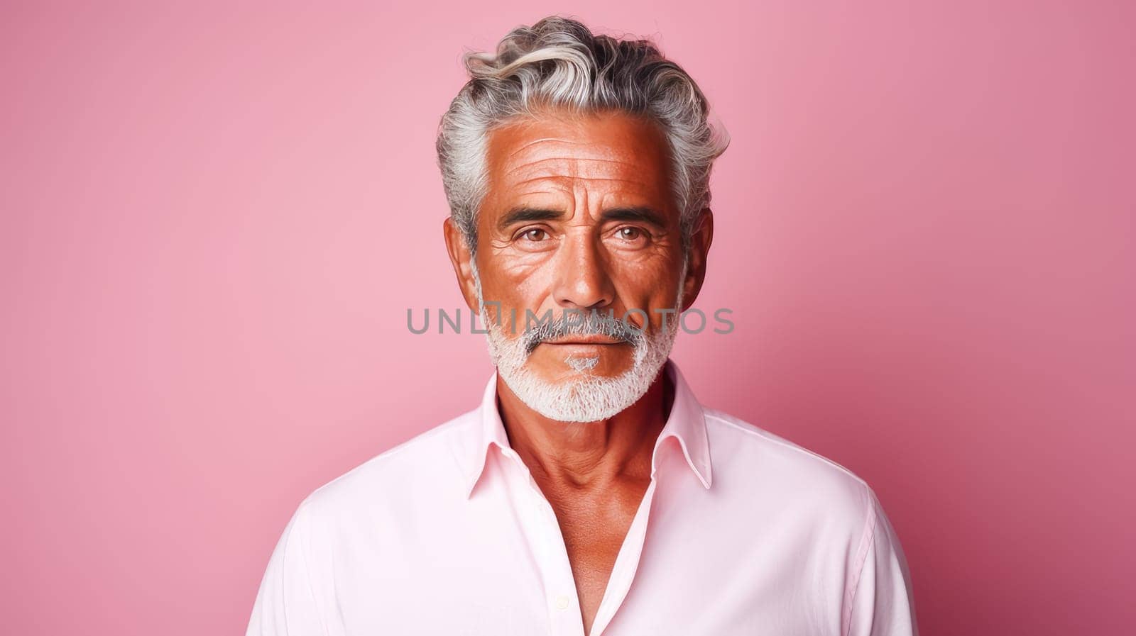 Handsome elderly elegant Latino with gray hair, on a pink background, banner, active old age. Advertising of cosmetic products, spa treatments, shampoos and hair care products, dentistry and medicine, perfumes and cosmetology for older men.