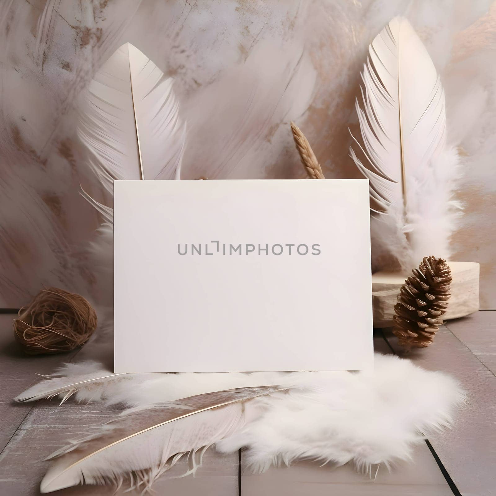 A white blank sheet of paper surrounded by fluffy white feathers.