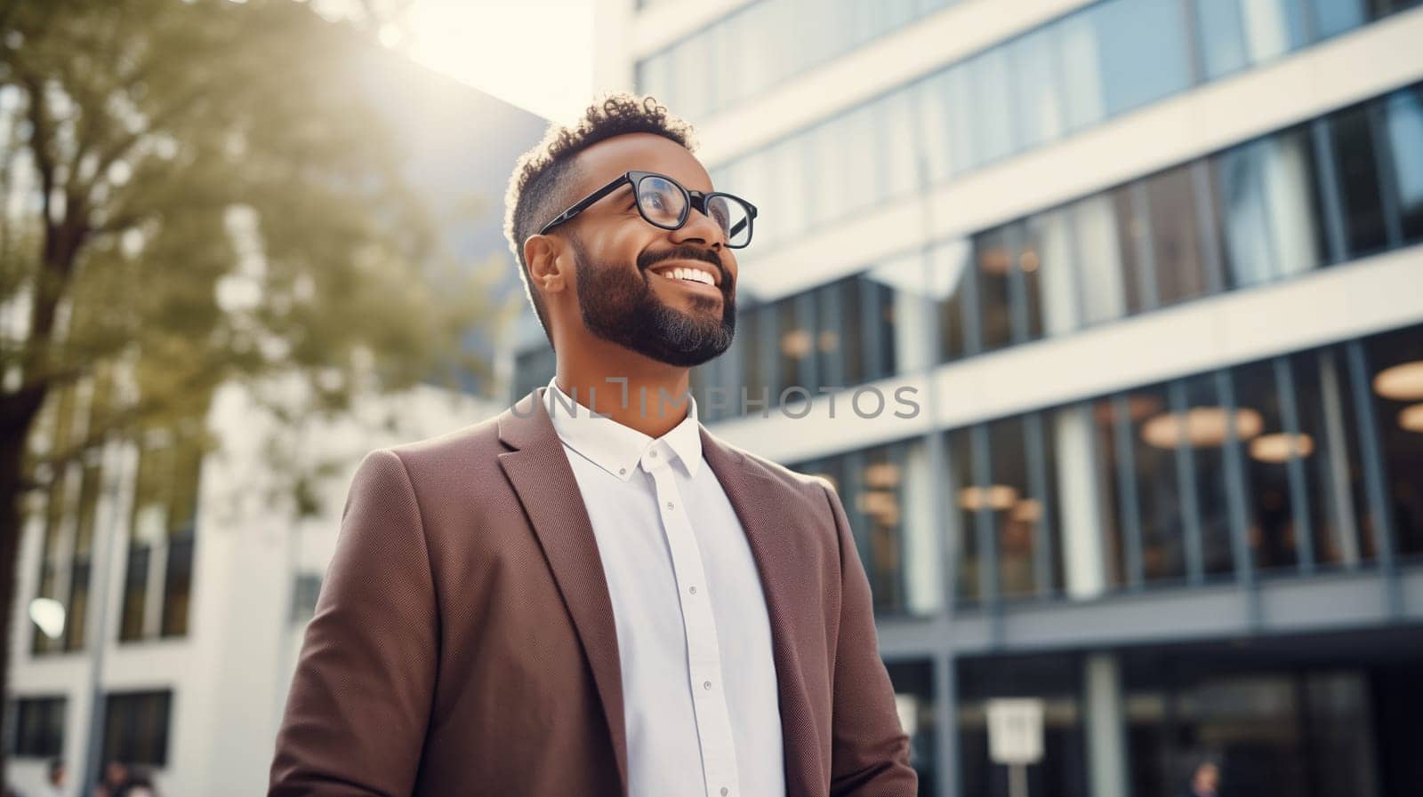 Portrait of confident happy smiling black entrepreneur standing in the city, wearing glasses, brown business suit, looking away
