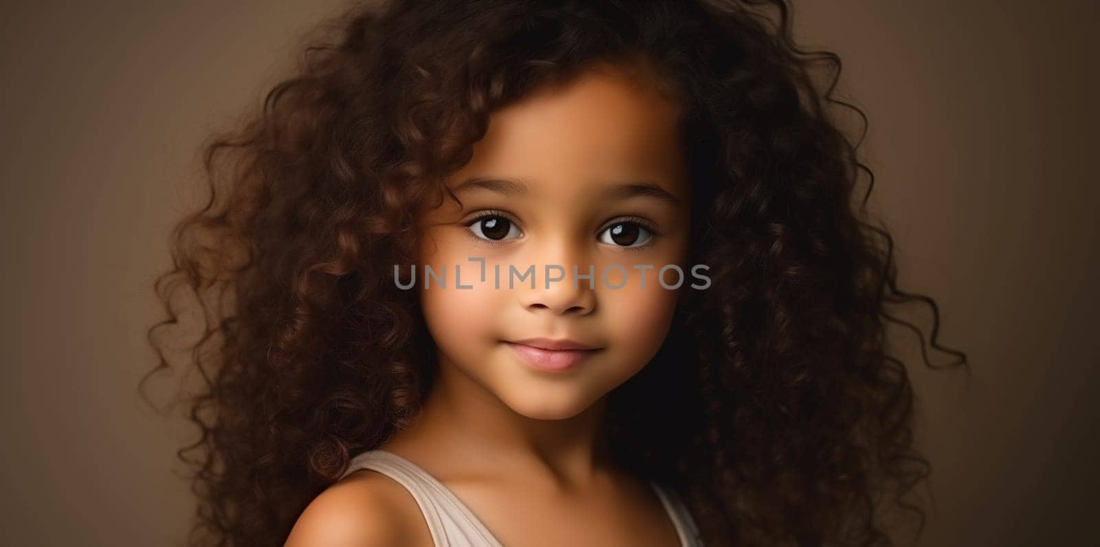 Beauty portrait African pretty little girl child looking at camera on beige background by Rohappy