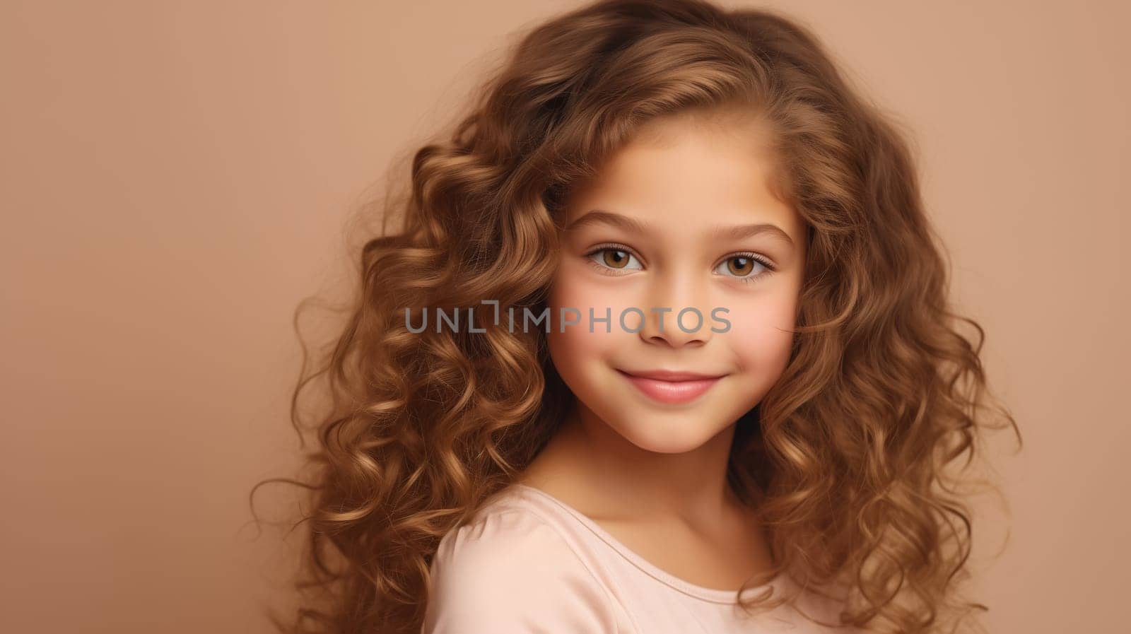 Beauty portrait pretty little girl child looking at camera on beige background by Rohappy