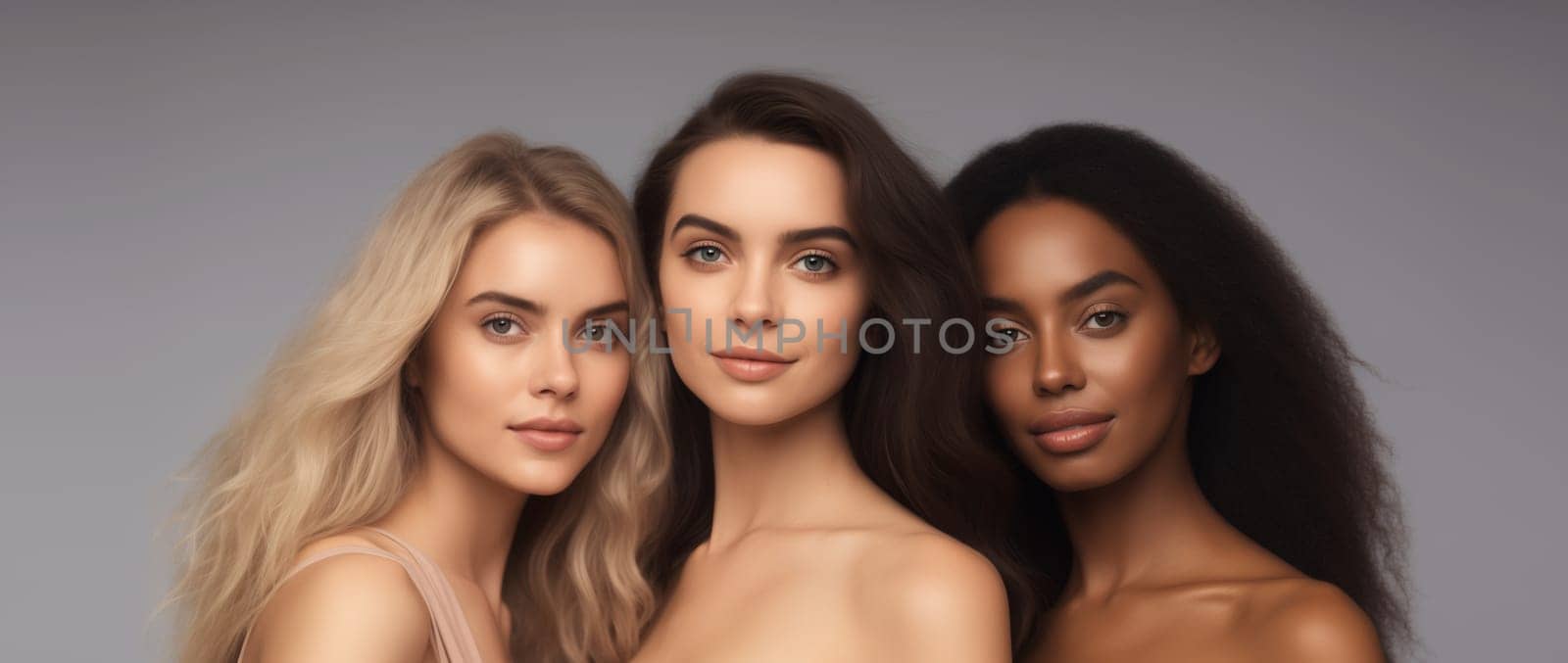 Beauty portrait of three multiethnic diverse young women with clean healthy skin, beautiful lovely female models posing together on studio background